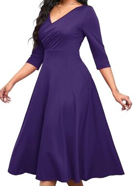 Elegant Purple V-Neck A-Line Dress With Pockets